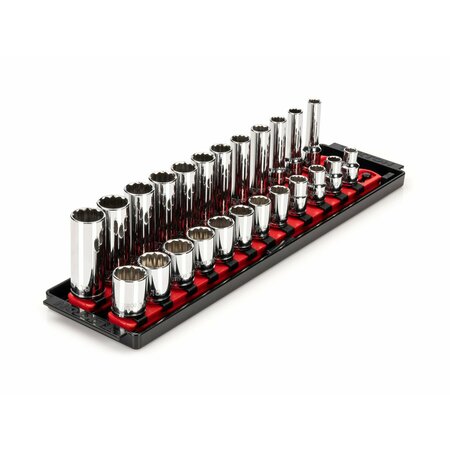 TEKTON 3/8 Inch Drive 12-Point Socket Set with Rails, 24-Piece (8-19 mm) SHD91216